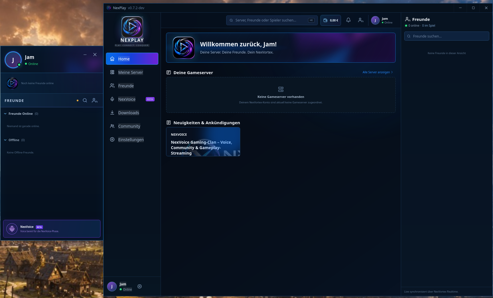 Nex Play Oberfläche mit Gameserver- und Community-Bereichen